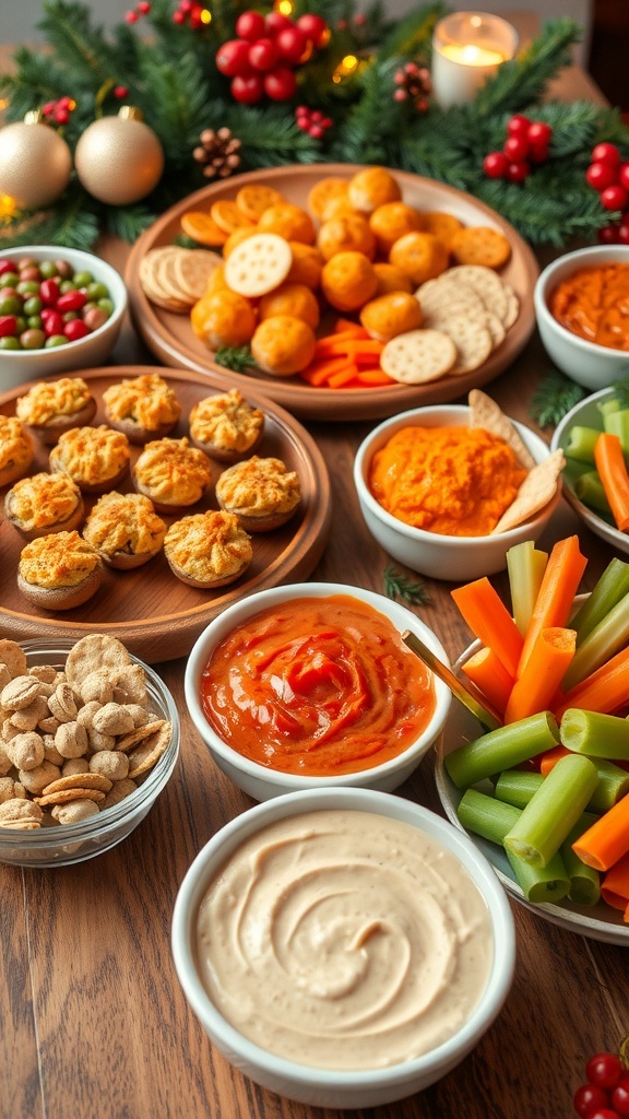Easy Christmas Party Appetizers A festive display of stuffed mushrooms, cheese platter, and dips for a Christmas party.
